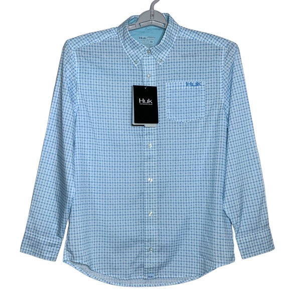 HUK Fishing Shirt Long Sleeve Button Down Vented Santiago Blue White Men's Small - Picture 3 of 16